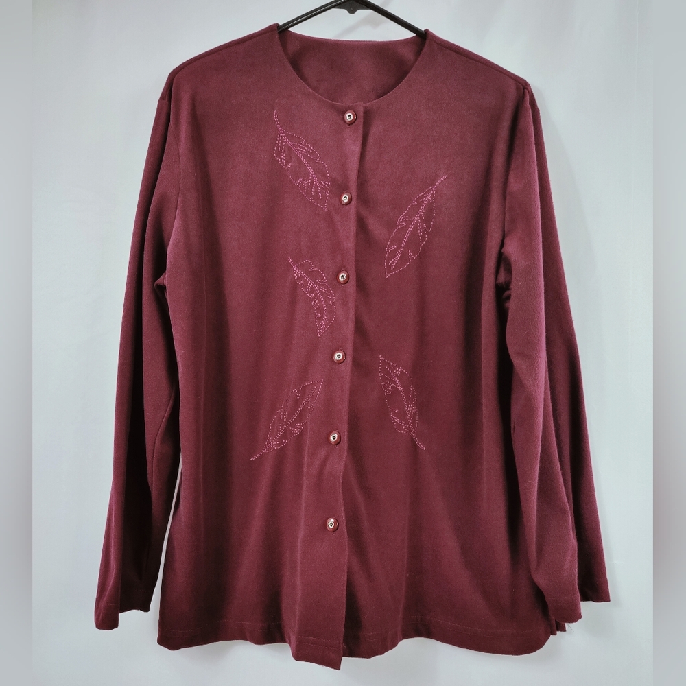 Vtg Company Collection Burgundy Leaf Embroidered button Down Sweater Blouse Sz L